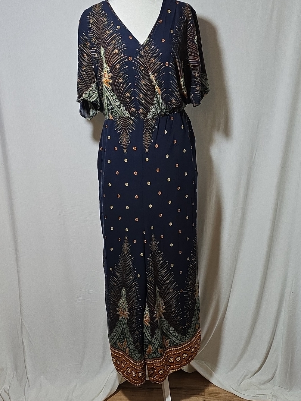 BloomChic Navy Paisley-Print V-Neck Maxi Dress with Rust & Sage Accents
